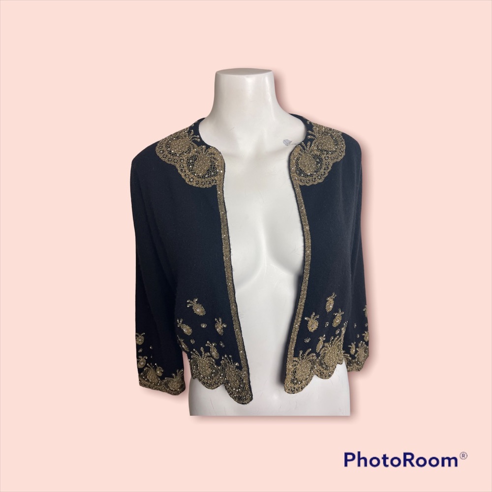 RARE Eleanor Beard Hardinsburg KY Vintage 1960s metallic lace appliqué cardigan